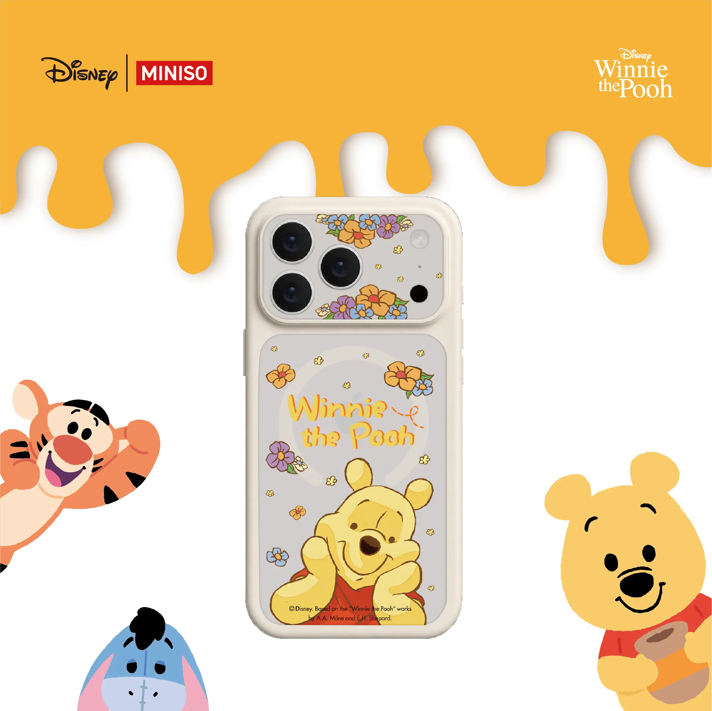 Official Disney x MINISO Winnie the Pooh Floral Phone Case for iPhone, Cute Shockproof Cream Protective Cover with Raised Bezel & MagSafe Alignment