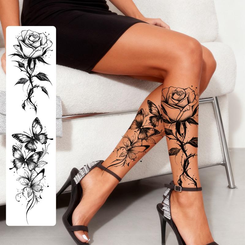 Women's 6pcs Assorted Black Flower & Butterfly Glitter Temporary Tattoo Stickers - Fragrance-Free, Unscented, Nontoxic, Waterproof, Long-Lasting, Glue-Free, PVC, Single Item, Solid Pre-Packaged Fake Tattoos for Arm, Casual Use
