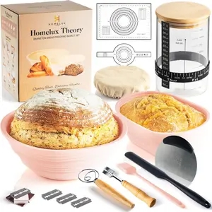 Sourdough Starter Kit, 14pcs Bread Kit & Sourdough Bread Baking Supplies Kit, Banneton Basket Kit for Sourdough Proofing with Bread Baking bowl for Breads (Pink) by