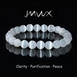 Natural White Cat‘s Eye Bracelet for Crown Chakra Healing – Balance Crown Chakra Attract Positive Energy Purify Environment Crystal Jewelry Gift for Women Mom Her – Anxiety Relief Protection Good Luck Stone Beaded Stretch Bracelet for Manifestation
