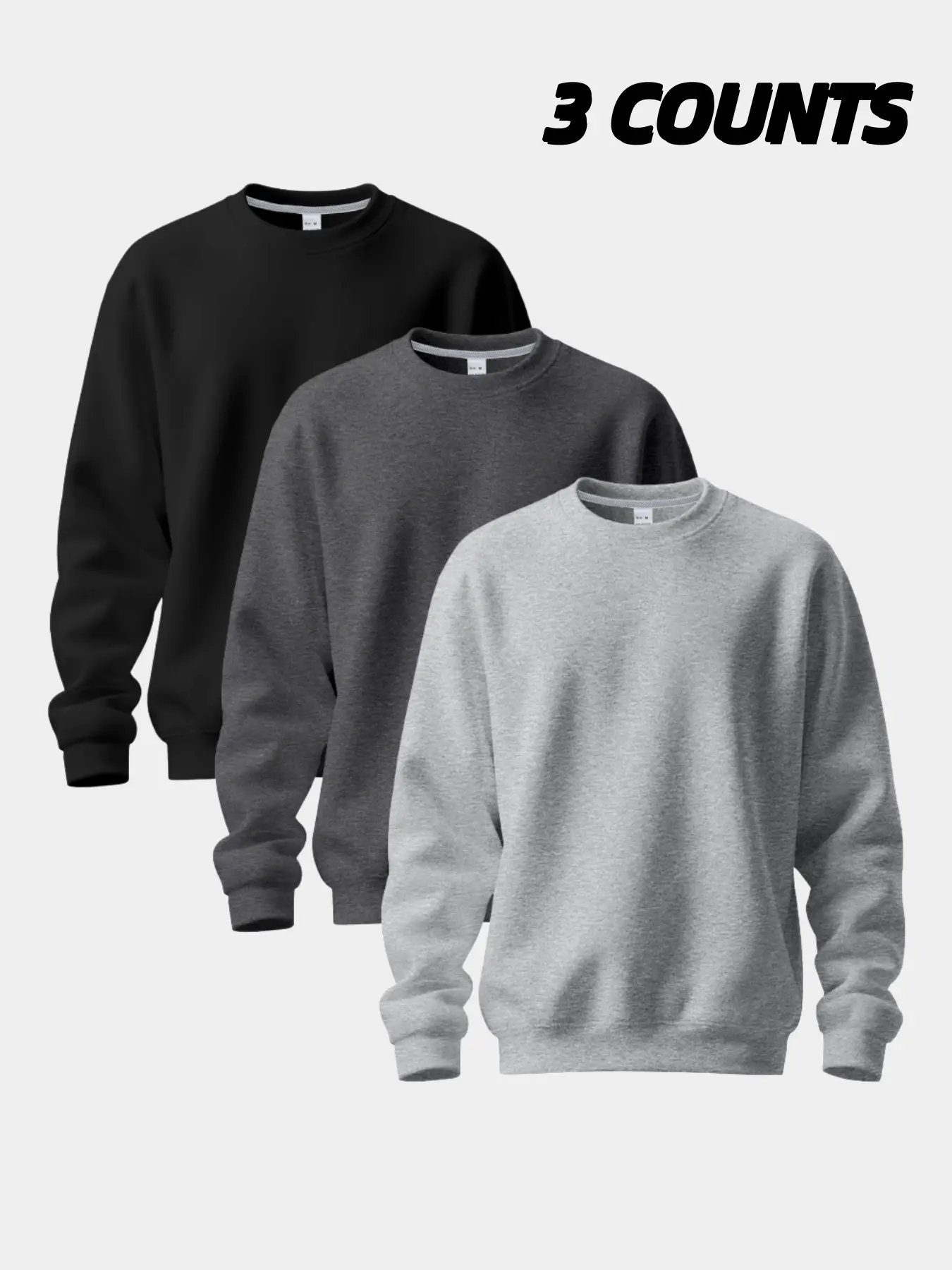 Men's 3 Pack Crew Neck Sweatshirts, Soft Fleece Cozy Casual Fitted Pullover Set, Classic Solid Color Long Sleeve Tops for Daily Wear, Workout & Layering, Casual Streetwear Pullover, Crewneck Pullover Sweatshirt