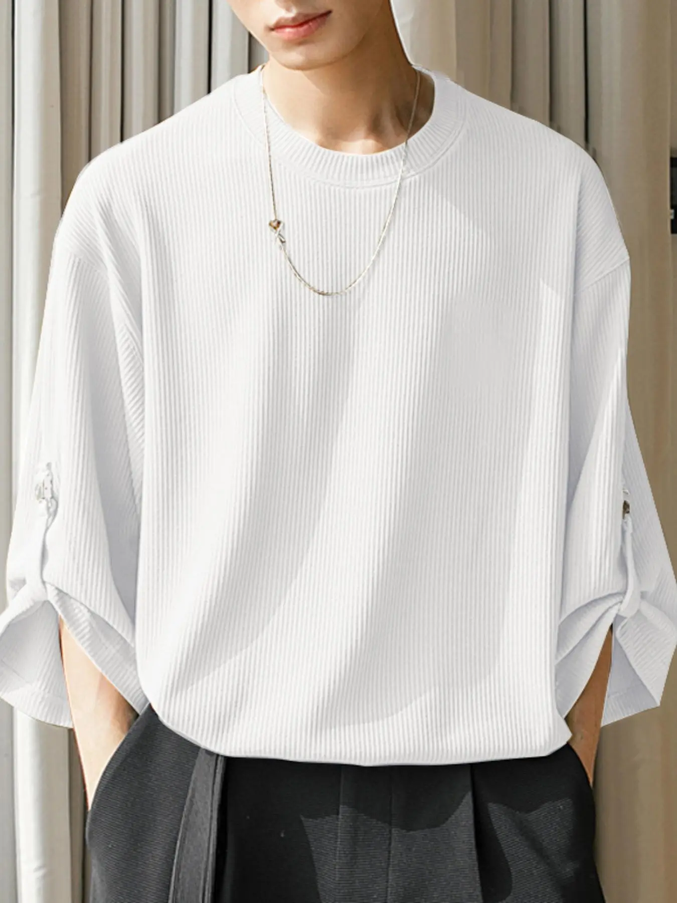 INCERUN Mens Round Neck Knitted Knitwear 3/4 Sleeve Tops Shirt Casual Loose Solid Shirts Tee Blouse Casual Pullover Top