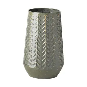 360 stand Beige 11 in. Cylinder Metal Vase - Modern Green & Gray Organically Chevron Embossed, for Flower Arrangements & Home Decor Supplies, Home Decoration, Decorative Vases