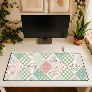 Floral Quilted Desk Mat, Cottagecore Pastel Workspace Decor