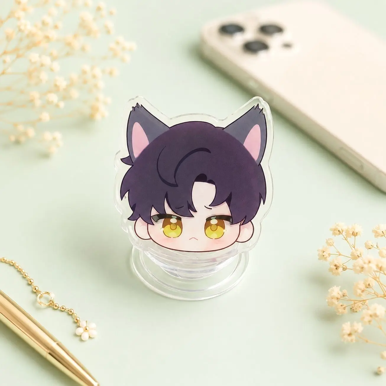 Kawaii Chibi Anime Purple Hair Cat Boy Magnetic Phone Grip | Cute Nekomimi Accessory
