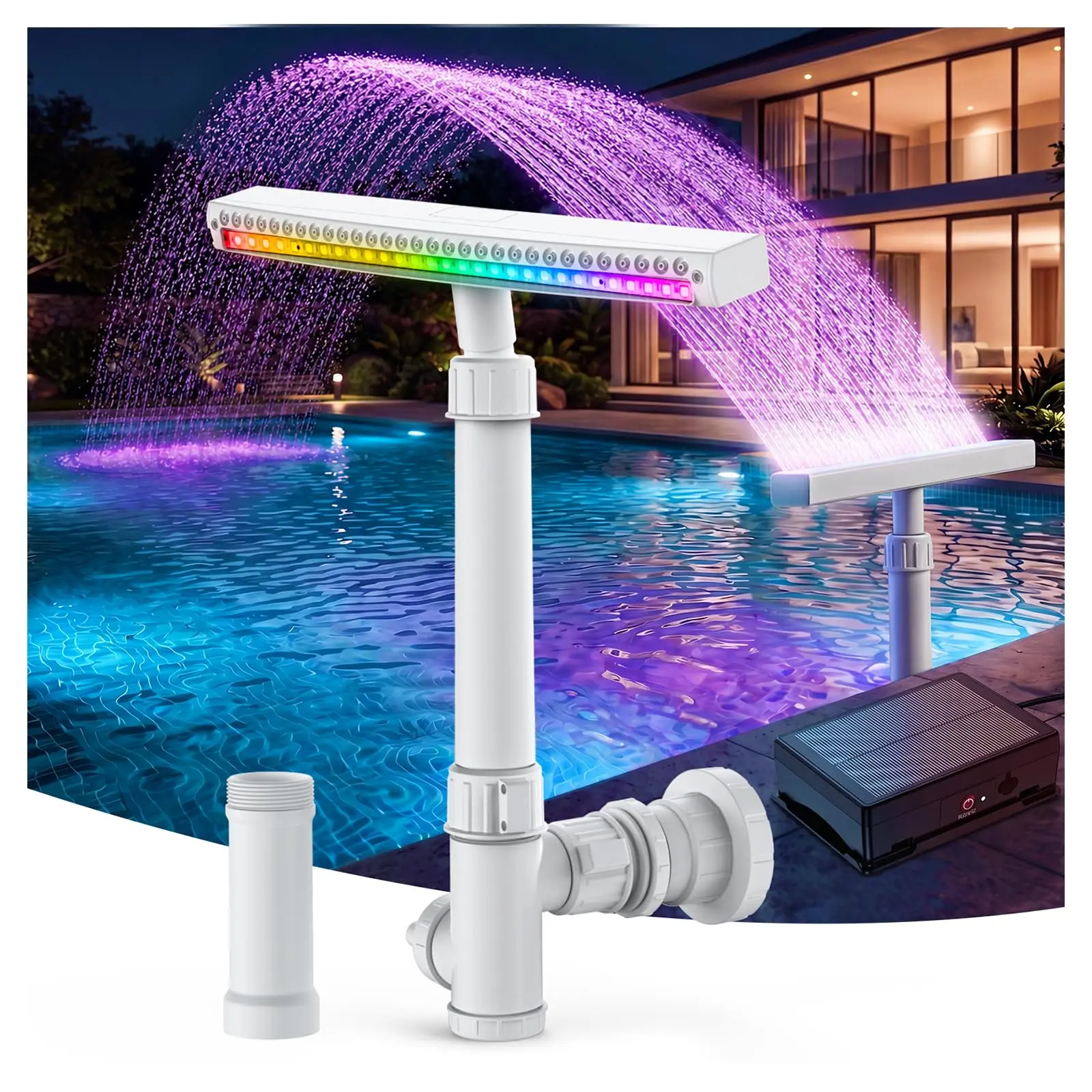 Solar Pool Fountain with Lights for Above Ground Pools, Pool Fountain Waterfall Pump with 6 Nozzle, Solar Pool Fountain for Inground Pools with 8 Color LED Lights