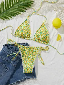 New soft bag printed bow decoration hanging neck tie beach women's sexy and elegant party bikini set Floral Bikini summer beach fashion women's bikini Summer beach fashion women's swimsuit bikini