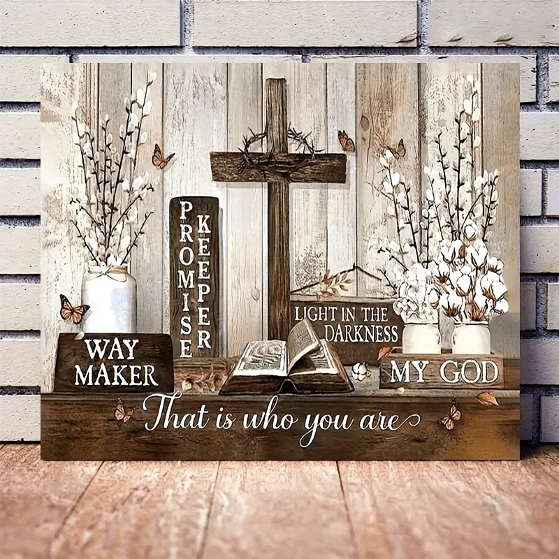 1 Piece Farmhouse Wooden Frame Canvas Art Print - Inspirational Quote Wall Decor, Religious Home Decor, Spiritual Wall Decor, Featuring Cross, Butterfly, Wheat Ear Design, Ready to Hang in Bedroom, Living Room, Home Office, Farmhouse Decor