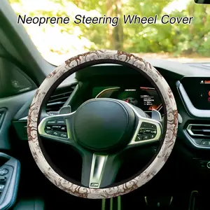 15 Inch Universal Cowboy Steering Wheel Cover  Beige  Brown Western Style, Horse/Cactus/Flower Design, Unisex Interior Accessory