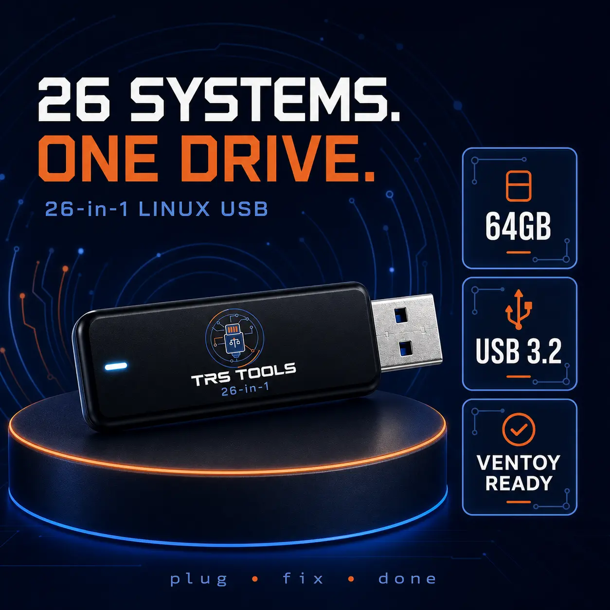 TRS Tools 26-in-1 Linux Bootable Flash Drive, 64GB USB 3.2 Multi-System Installer with Ventoy for Computer System Setup