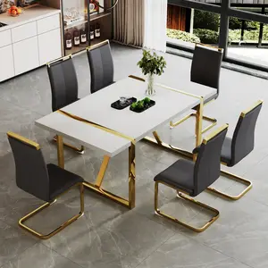 Industrial rectangular MDF material white dining table, equipped with a 2.3-inch thick tabletop and golden metal legs, used for writing desks, restaurants, and living rooms71"*39.3"*30" （ONLY TABLE）