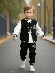 2pcs Set. Boys' Toddler Autumn and Winter Casual Knit Baseball Jacket with Long Sleeve Round Neck Jacket and Matching Pants, Letter Print. Suitable for Outdoor Wear, Perfect for Outdoor, Knit, Fall Winter, Perfect for