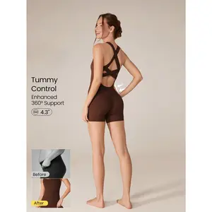 GLOWMODE 4.3" FeatherFit™-Air Insta-Cinch Tummy Control Underarm Coverage Butt Scrunch Multi-Strap Romper Bodysuit Jumpsuit Low Impact Yoga Daily Removable Cups Spring Summer