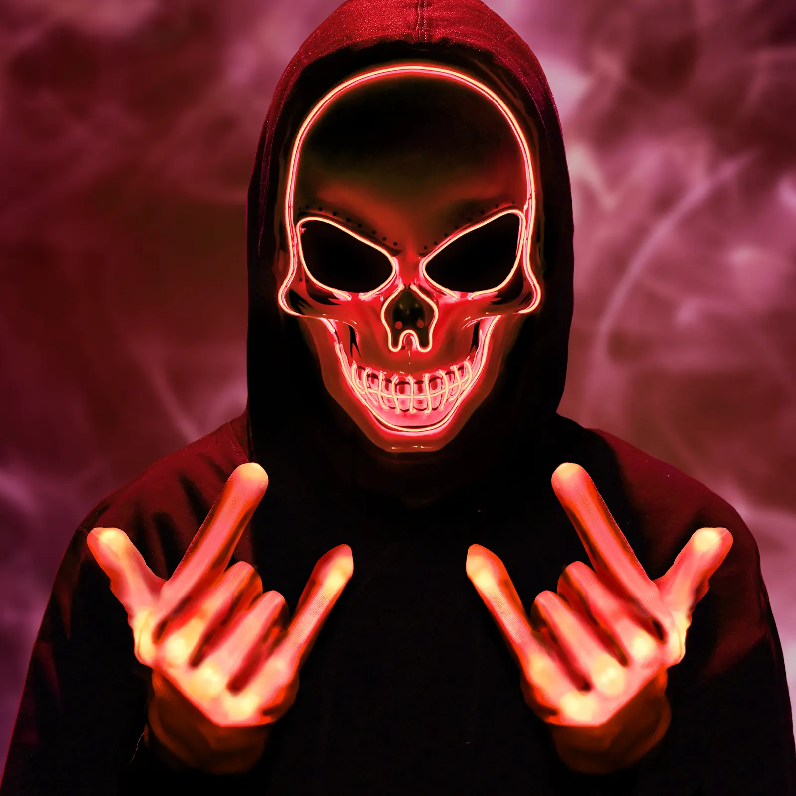 Red classic skull LED mask with matching illuminated gloves