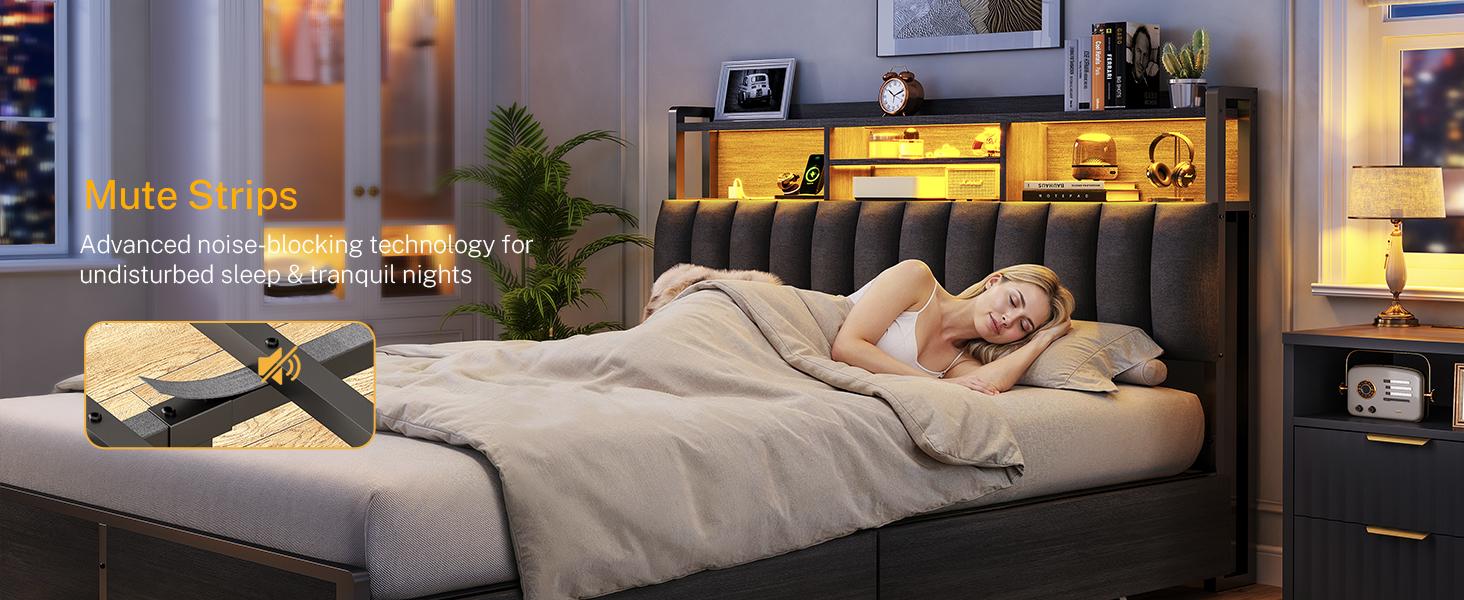 Queen Bed Frame with LED Lights & Charging Station, Metal Platform Bed Frame with 2 Tier Storage Headboard, Under Bed Storage, No Box Spring Needed, Outlet Mute Strips, Soft Backrest, Easy Assemble Queen Bed Frame with LED Lights & Charging Station, Metal Platform Bed Frame with 2 Tier Storage Headboard, Under Bed Storage, No Box Spring Needed, Outlet Mute Strips, Soft Backrest, Easy Assemble