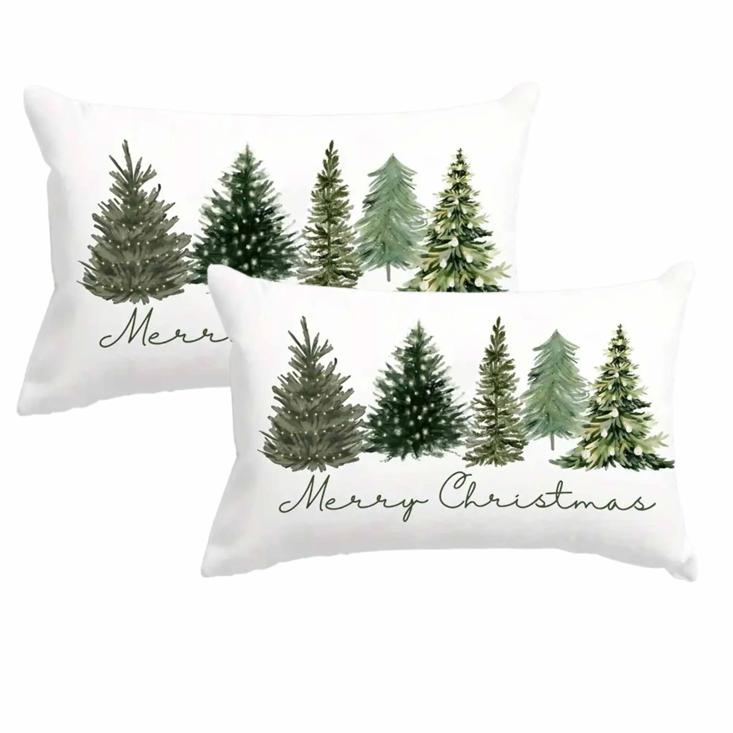 2pcs, Christmas Tree Pillow Cover, Festive Merry Christmas Script - Green Pine Tree Cushion Case for Sofa, Home Decoration, Christmas Decor, Single Sided Printing, No Pillow Core