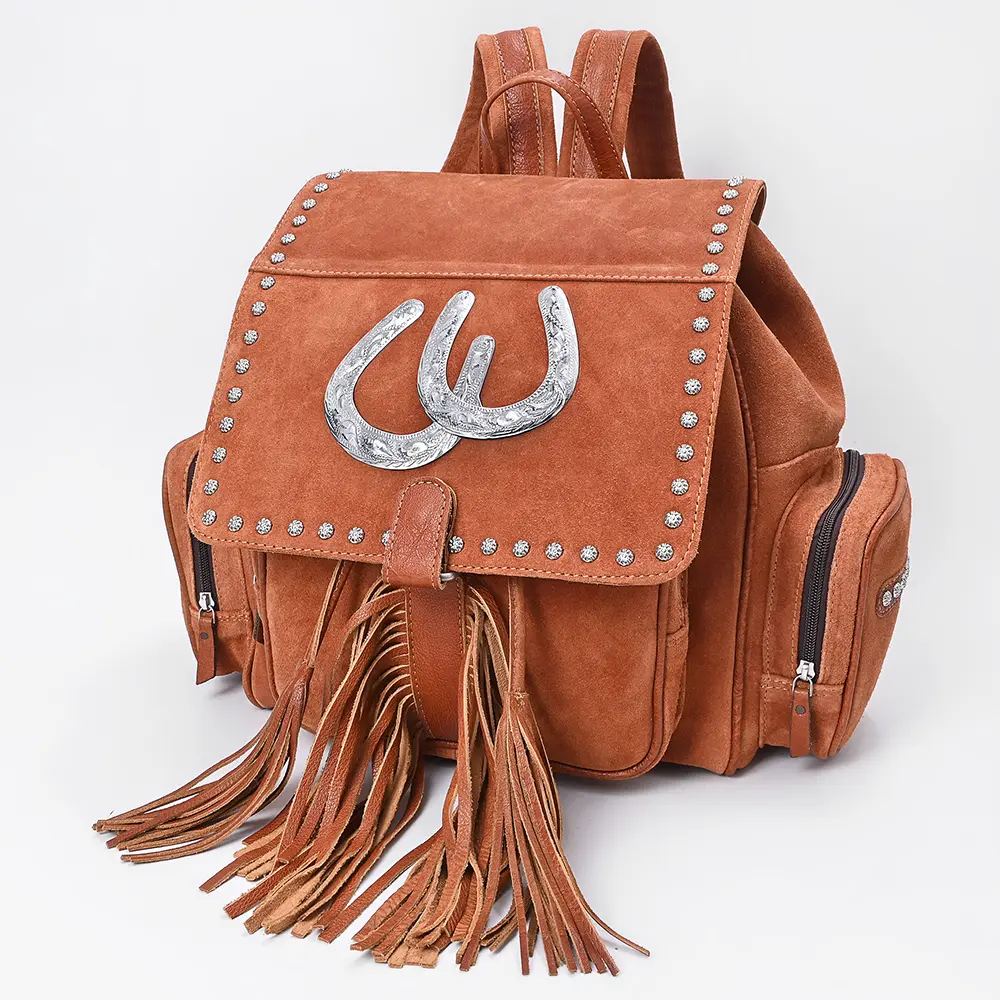 American Darling Backpack Bag Western Genuine Suede Leather with Fringes Tassels Concho and Riveted Full Grain Leather Accents