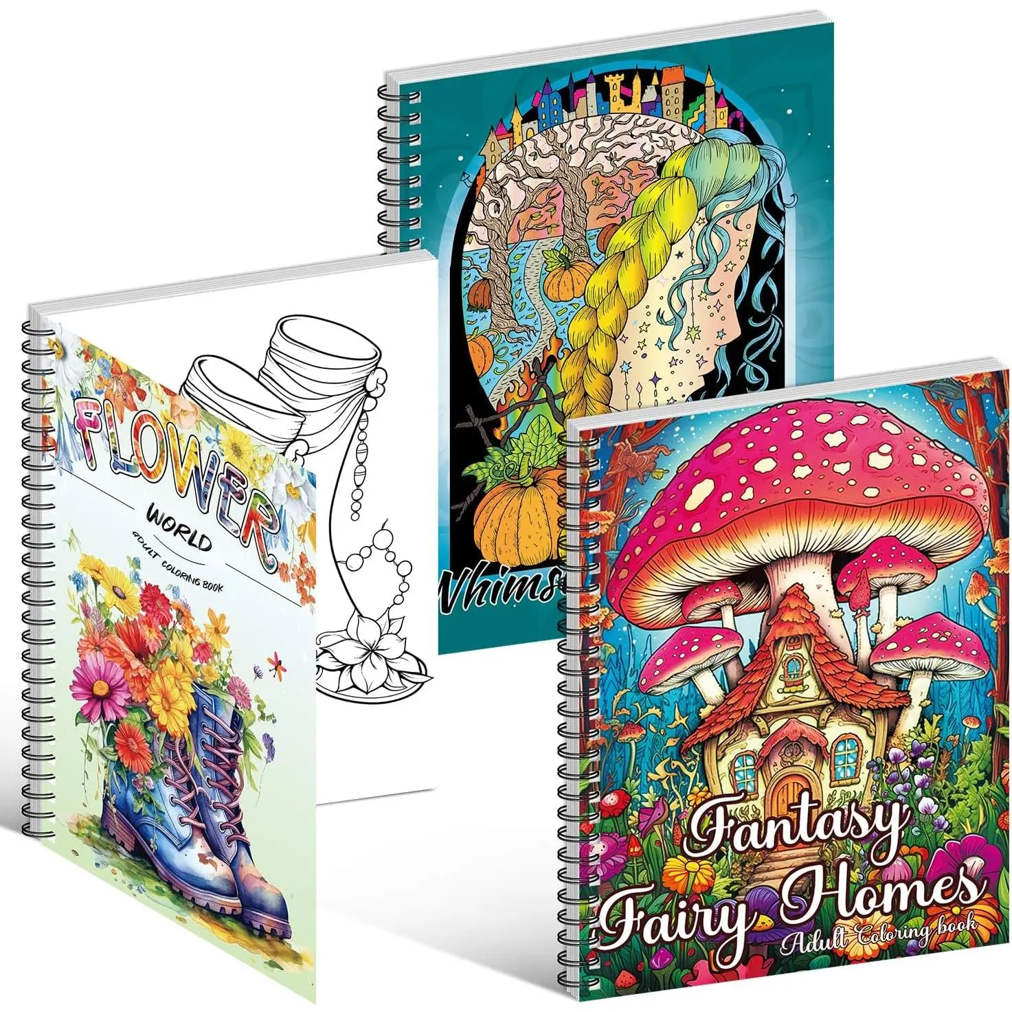 Adult Coloring Books Set:3 Coloring Books for Flower World,Whimsical Universe,Fantasy Fairy Homes.Coloring Books for Adults to Relax and Relieve Anxiety