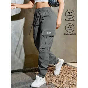 Women's Solid Cargo Jogger Pants, Drawstring Waist with Large Utility Pockets, Lightweight Breathable Casual Pants for Streetwear, Sports & Daily Wear