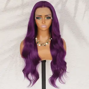 QD-Tizer Purple Wigs Body Wave Long Hair Wigs for Women Violet Purple Lace Front Wigs Long Curly Wave Dark Purple Lace Wig 180 Density Pre Plucked Glueless Synthetic Wigs