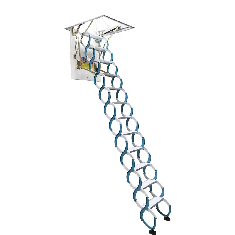Yokoma Semi-Automatic Hidden Telescoping Folding Attic Ladder, 80×90cm, Blue, 3m Max Height, 12-Step Loft Access Stairs
