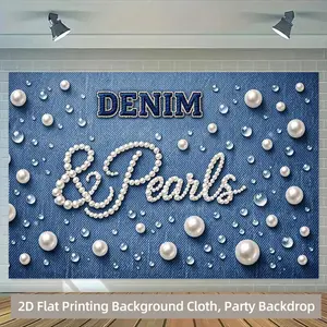 1pc Denim Backdrop Pearls Decor Design Multiple Sizes Durable Photography Background for Indoor Outdoor Event Birthday Celebration No Power Needed
