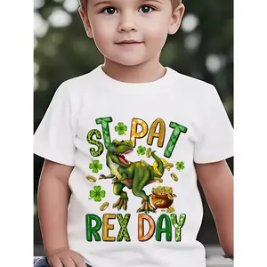 1pc St. Patrick'S Day Kids' Dinosaur Clover Print White T-Shirt |   Crew Neck, Casual Tee, Medium Stretch Knit Fabric, Regular Fit for Boys & Girls, Alphabet Pattern, Perfect for Spring/Summer/Fall, Easter, National Day, Spring Holiday