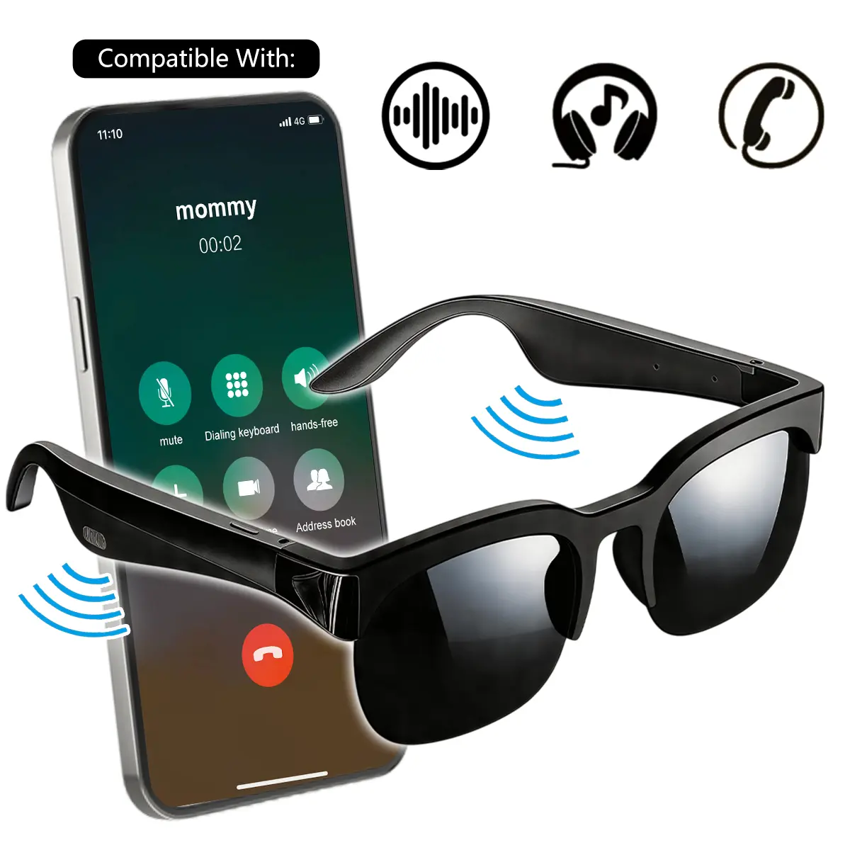 Bluetooth Sunglasses, Wireless Headphone Smart Glasses with Voice Assistant, Multifunctional Smart Glasses, UV Protection Outdoor Audio Glasses, Wireless Audio Eyewear, Lightweight for Running, Hiking, Driving, The best gifts for Men & Women