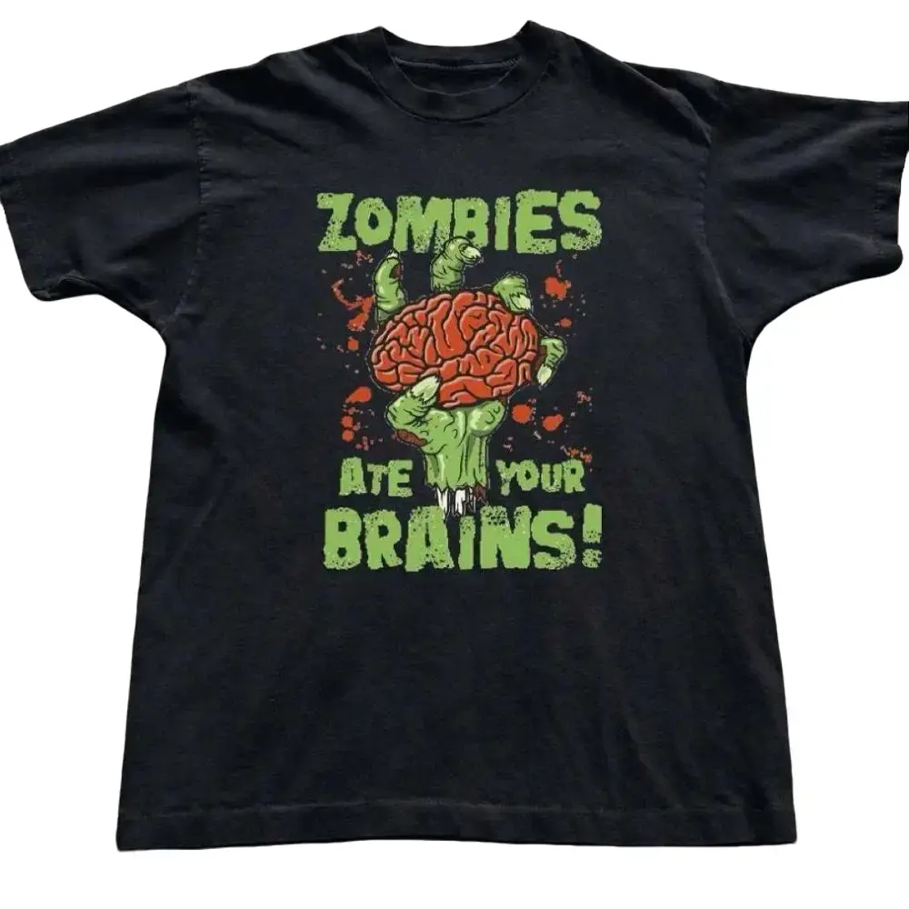 Zombies Ate Your Brains black T-shirt, Nature Y2k Streetwear Top, 2000s Cute Gift for Mens Clothing & Women's Clothes