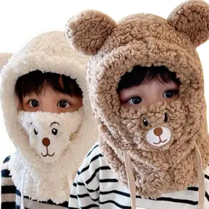 Anime Bear 3-in-1 Plush Hat Set with Scarf and Mask - Fleece Ear Warmer, Unisex Polyester Stretchy Knitted Thermal Beanie, Soft Double Layer, Elastic Drawstring, Lightweight & Cozy for Autumn, Winter