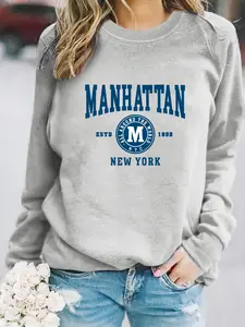 Women's Casual Manhattan Pattern Pullover Sweater, Soft Long Sleeve Round Neck Sweatshirt, Comfortable Daily Wear
