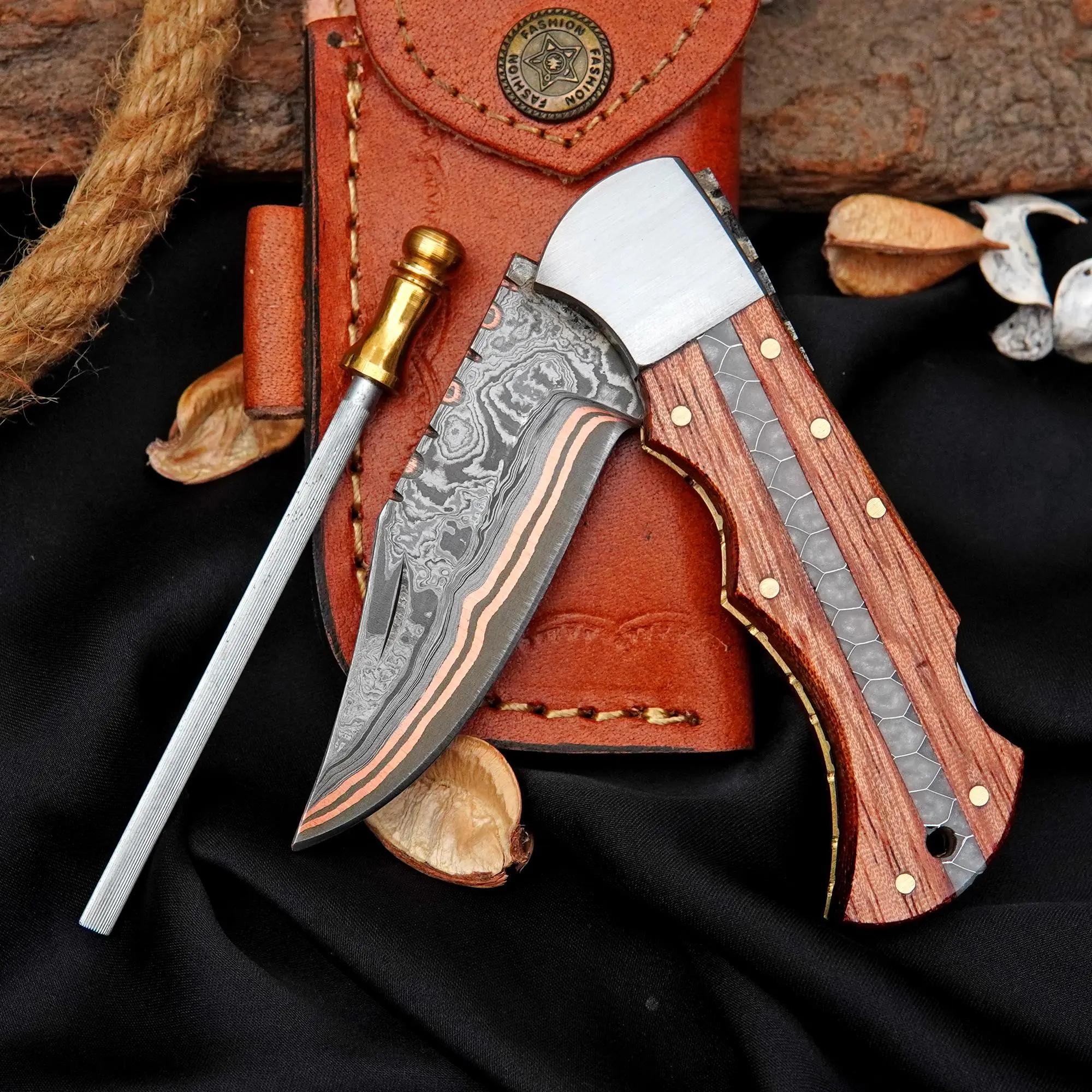 Hand Forged Copper Damascus Pocket Knife | African Wood Folding Knife | Personalized Gift for Men | EDC Hunting Knife Outdoor Knives Edc Survival Tool