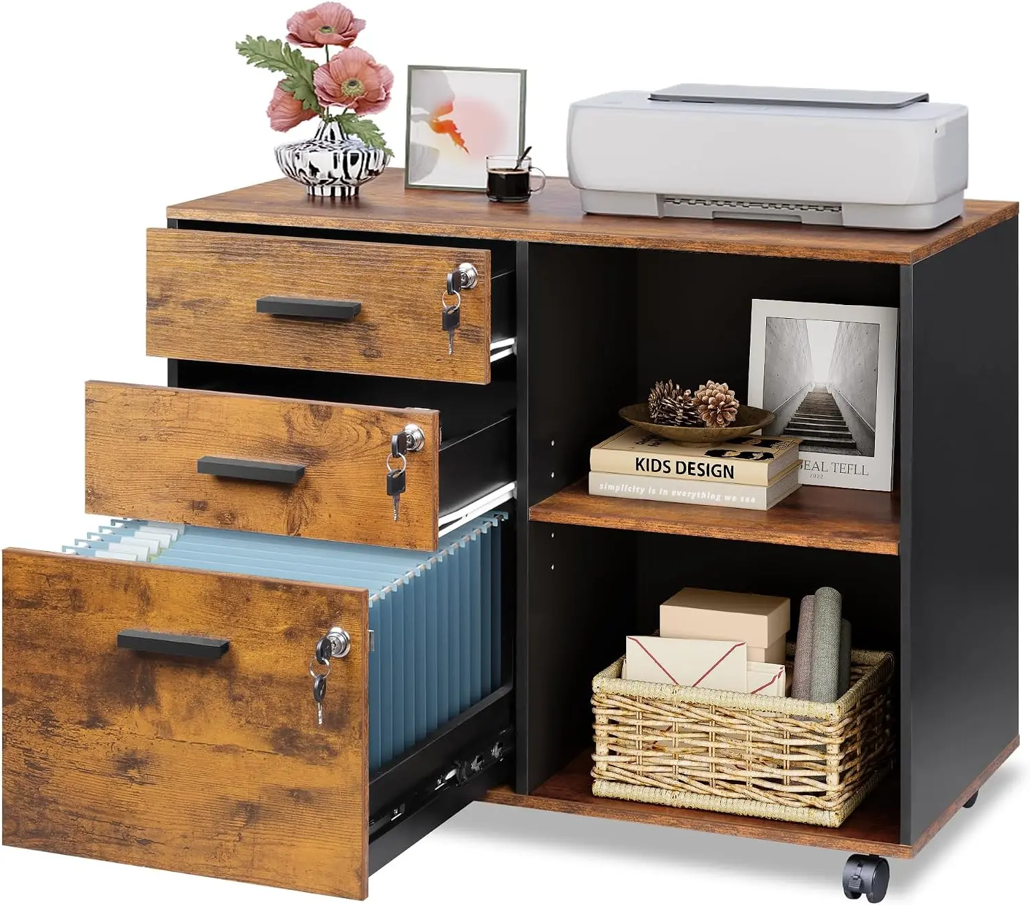 DEVAISE 3-Drawer File Cabinet with Lock, Wood Filing Cabinet, Rustic Brown | Rolling Printer Stand, Office Cabinet, Open Storage Shelves, Letter & A4 Compatible, Home Office, Under Desk Storage