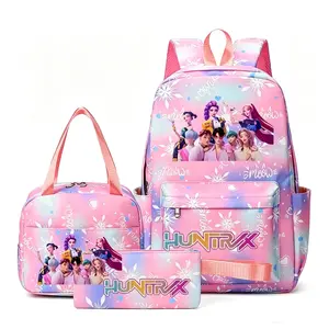 3-Piece K-Pop Style Snowflake Print Backpack Set—Back-to-School Essential (Includes School Backpack, Lunch Bag, and Pencil Case); Suitable for School and Travel