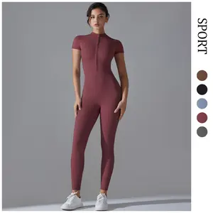 Naked zipper short-sleeved yoga clothes onesie quick-drying breathable outdoor sports tight onesie fitness clothes