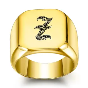 Men's Square Solid Metal Initial Engraving Ring - 26-Letter A-Z Letter Shape, Geometric Minimalist Retro Design, Casual Style Accessory for Business-Casual Daily Wear, Casual Style Rings, Letter Shape Rings