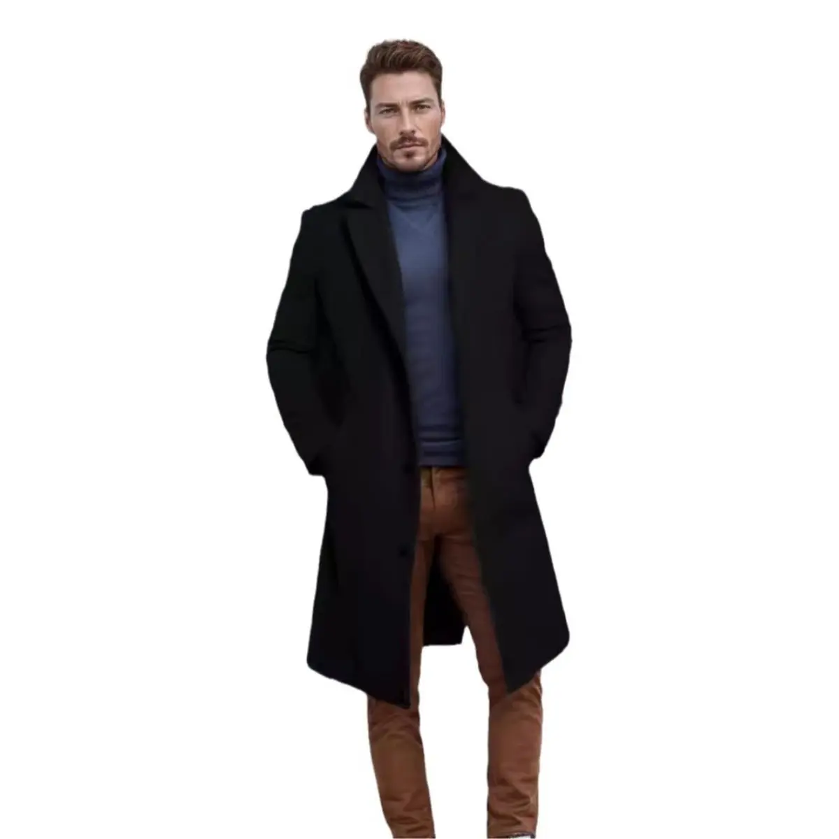 Men's Solid Color Wool Blend Coat, Casual Mid-Length Winter Overcoat with Pockets, Single-Breasted Straight Hem Fashion Suit Jacket