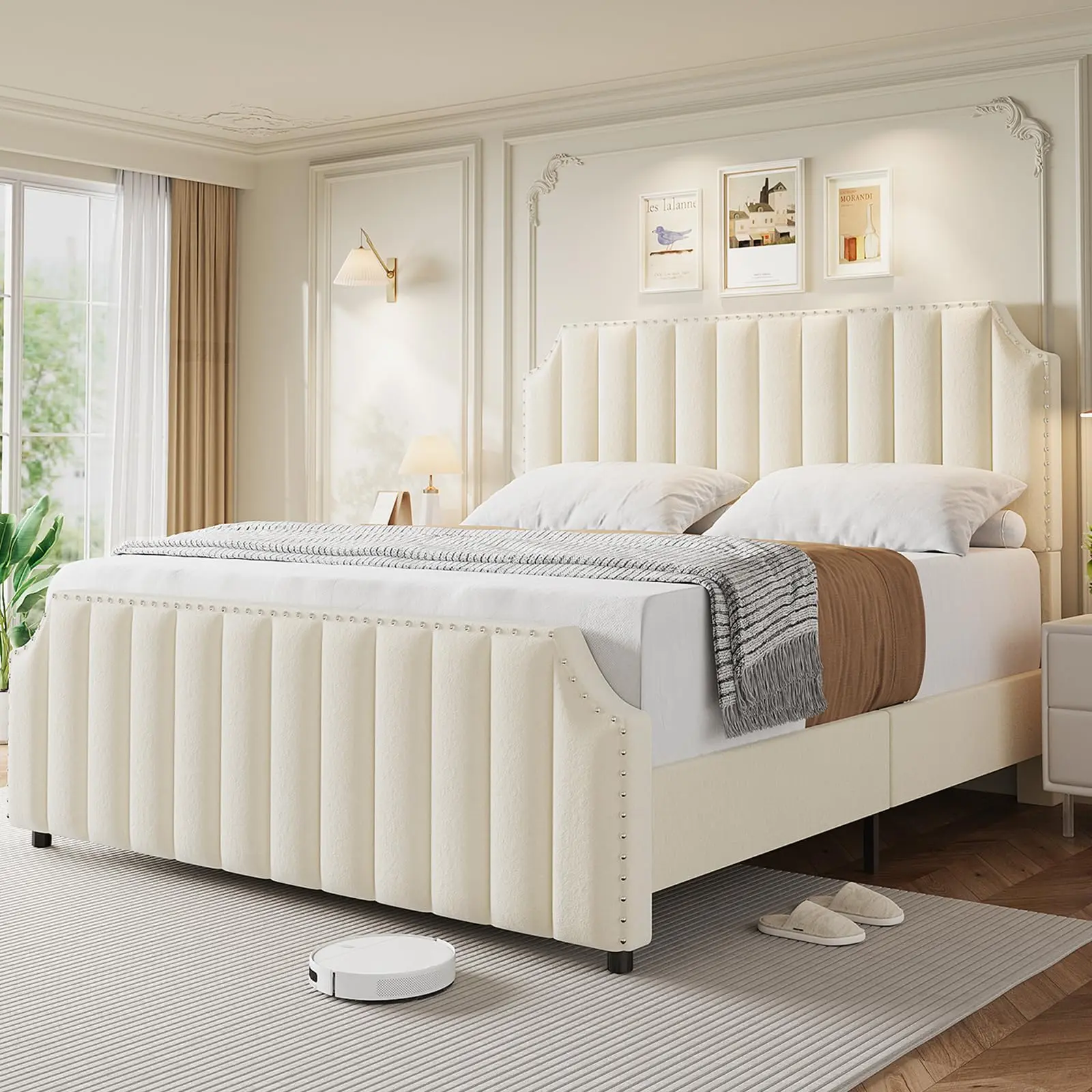 Luxurious Velvet Upholstered Platform Bed Frame Queen California King Size 50.2 Inch High Headboard With Nailhead Trim 1000lbs Heavy Duty Wood Slats Support No Box Spring Needed Velvet Bed Base Cream Grey,dorm essentials,home decor