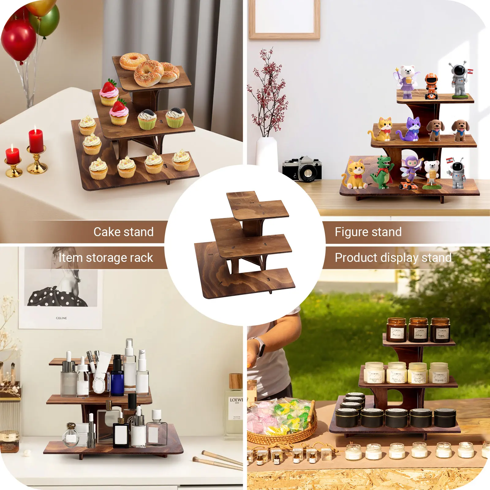 BEKRVIO-Walnut Color 3-Tier Heavy-Duty Wooden Display Stand 3pcs with Corner Shelves, Portable Multi-Tier Table Shelf for Retail, Trade Shows, Craft Shows, Farmers Market, Cake Stand, Counter Exhibit, Storage & Product Display