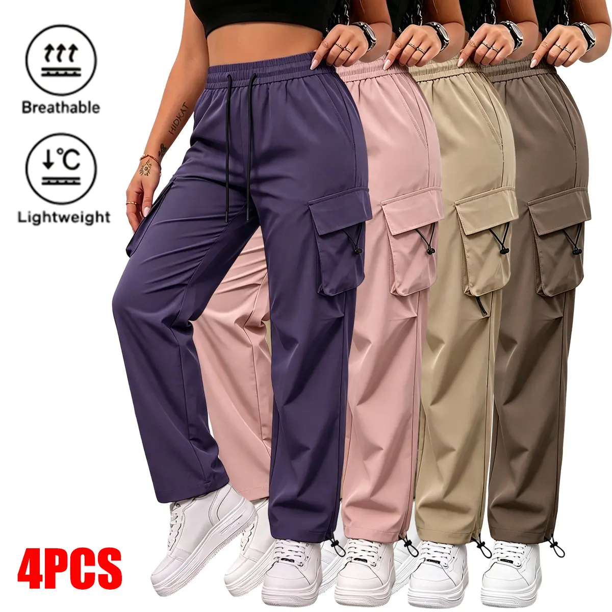 Women's Lady Fitted High-Waisted Work Joggers, 4-Pack, Elastic Drawstring Waist, Lightweight Breathable, Multi-Pocket, Suitable for Spring-Summer Casual Outdoor Wear