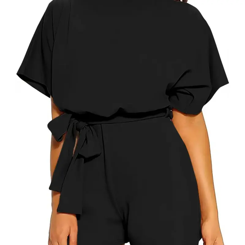 Women's Solid Color Tie Waist Romper, Loose Fit Bat Sleeve Boat Neck, Casual Minimalist Jumpsuit for Spring & Fall Daily Wear, Casual Fashion Jumpsuit