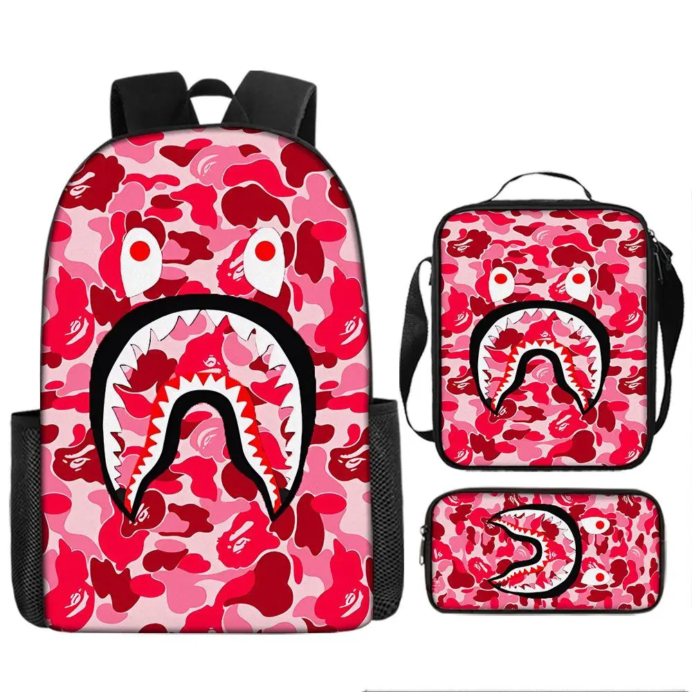 Pink Camo Shark Mouth Graphic Print 3 In 1 Backpack Set Laptop Backpack Lunch Tote Bag Stationery Case