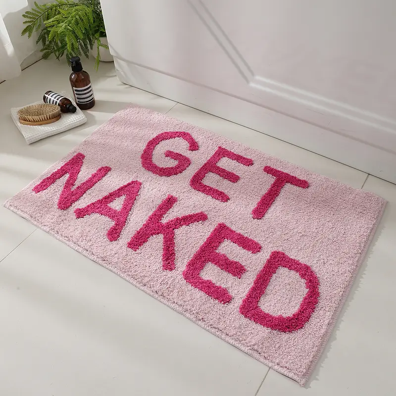 Funny Text Bold Pink Rectangle Polyester Bath Mat - Get Naked Art Novelty Print Modern Bathroom Decor, 32" x 20" Non-Slip Soft Absorbent Spa Splash Mat, Machine Washable for Bathroom Floor, Tub