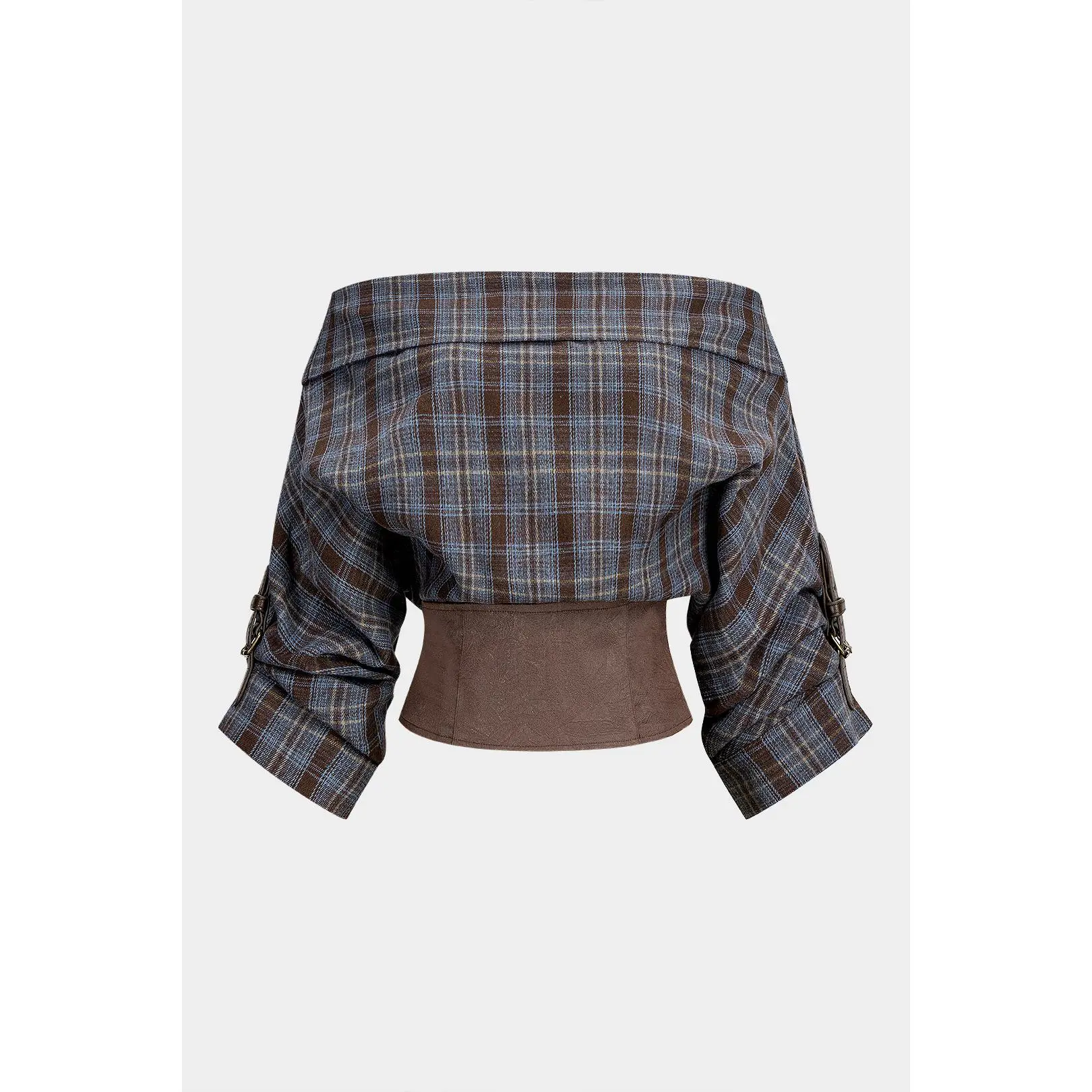 Women's Plaid Print Satin Patchwork Off-Shoulder Zipper Twill Cloth Long Sleeve Shirt - Casual, Fitted, Cotton