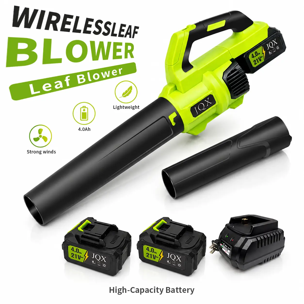 JQX 21V Cordless Electric Leaf Blower, 4000mAh Battery with Fast Charger, Turbo Dual-Speed 2-Gear Motor, Ergonomic Design for Small to Medium Outdoor Cleaning Tasks