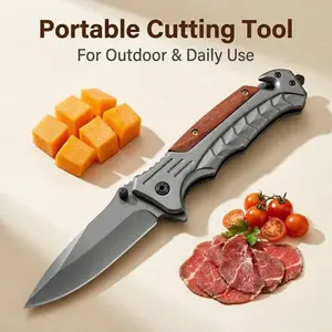 Daily Outdoor Cutting Tool, Stainless Steel Anti-Corrosion, Liner Lock, Quick Opening, Redwood Handle Non-Slip Grip, Practical Tool for Daily Task