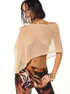 Women’s Sequin Crochet Knit Shawl Top – Off Shoulder Asymmetric Boho Beach Cover Up