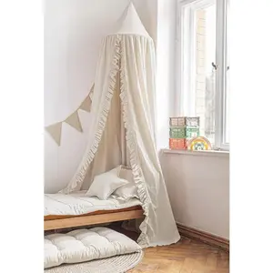 Bed Canopy with Frills Reading Nook Game Tent for Kids Boho Hanging Net Play Room Decor Beige