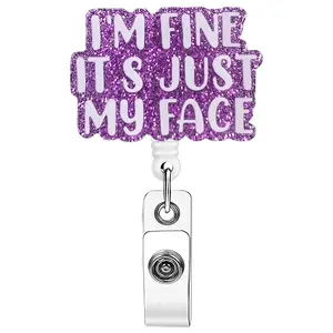 Obsessed I'm Fine It's Just My Face Sassy Sparkly Finish Badge Reel, Relatable Funny Quote ID Clip, Perfect for Any Worker, Viral Tiktok Pick
