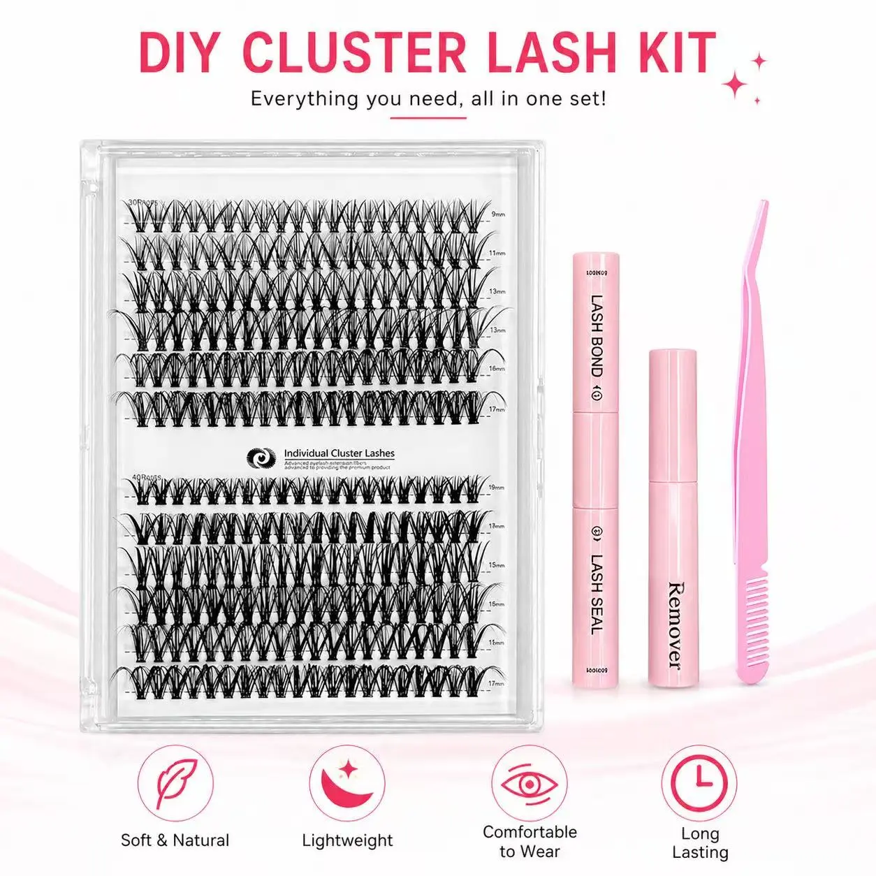 2 Styles Lash Clusters Kit,1 Set Mixed Length Individval Eyelash Extensions Kit,Self Grafting False Eyelashes with Tweezers&Glue&Remover,Prefessional Eye Makeup Accessories for Women#SummerWins #summeressentials